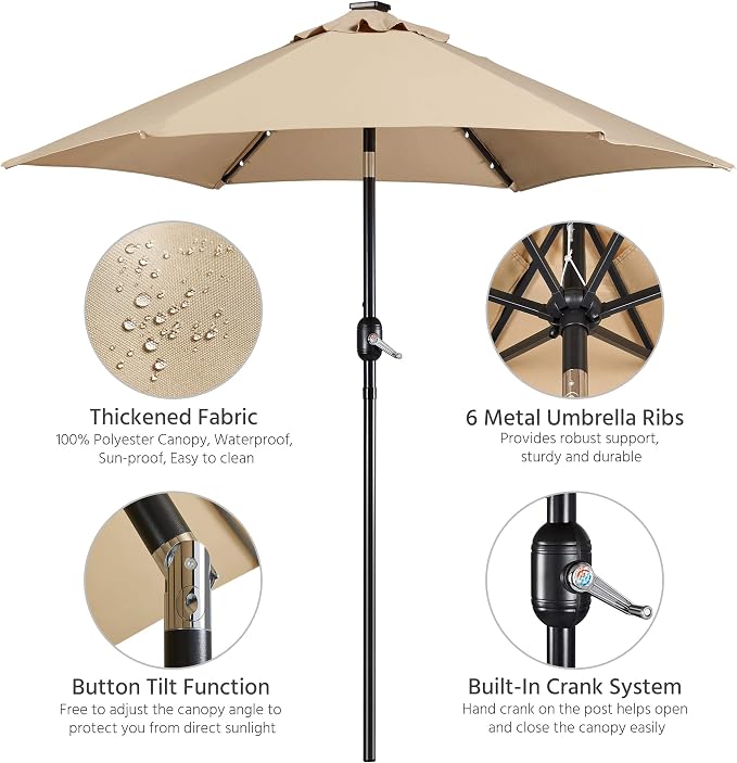 Yaheetech Solar-Sonnenschirm Ø 230 cm mit befüllbarem Sockel – Beige – Gartenschirm mit 18 LED-Lämpchen, Lichterkette und Neigungsfunktion