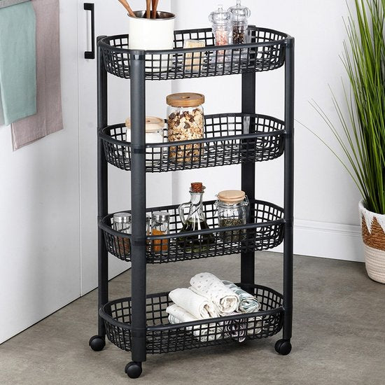 Excellent Houseware Küchenwagen Schwarz – 4-stöckiges Aufbewahrungssystem – 46,5 x 26 x 80 cm