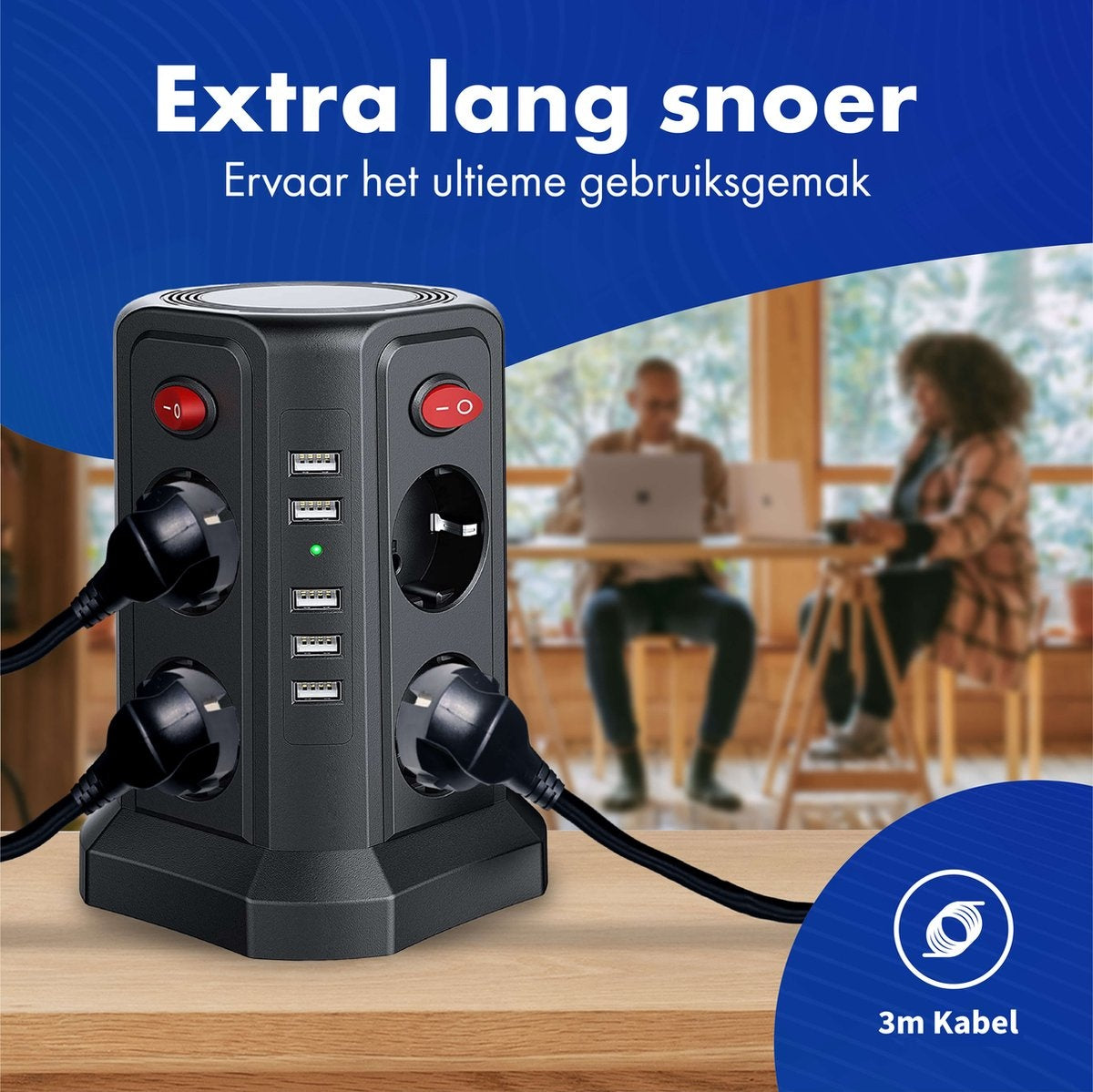 Steckdose mit Schalter und USB - Energiesparende Ein/Aus-Tasten - Power Block - Powercube - Schwarz - 3 Meter Kabel