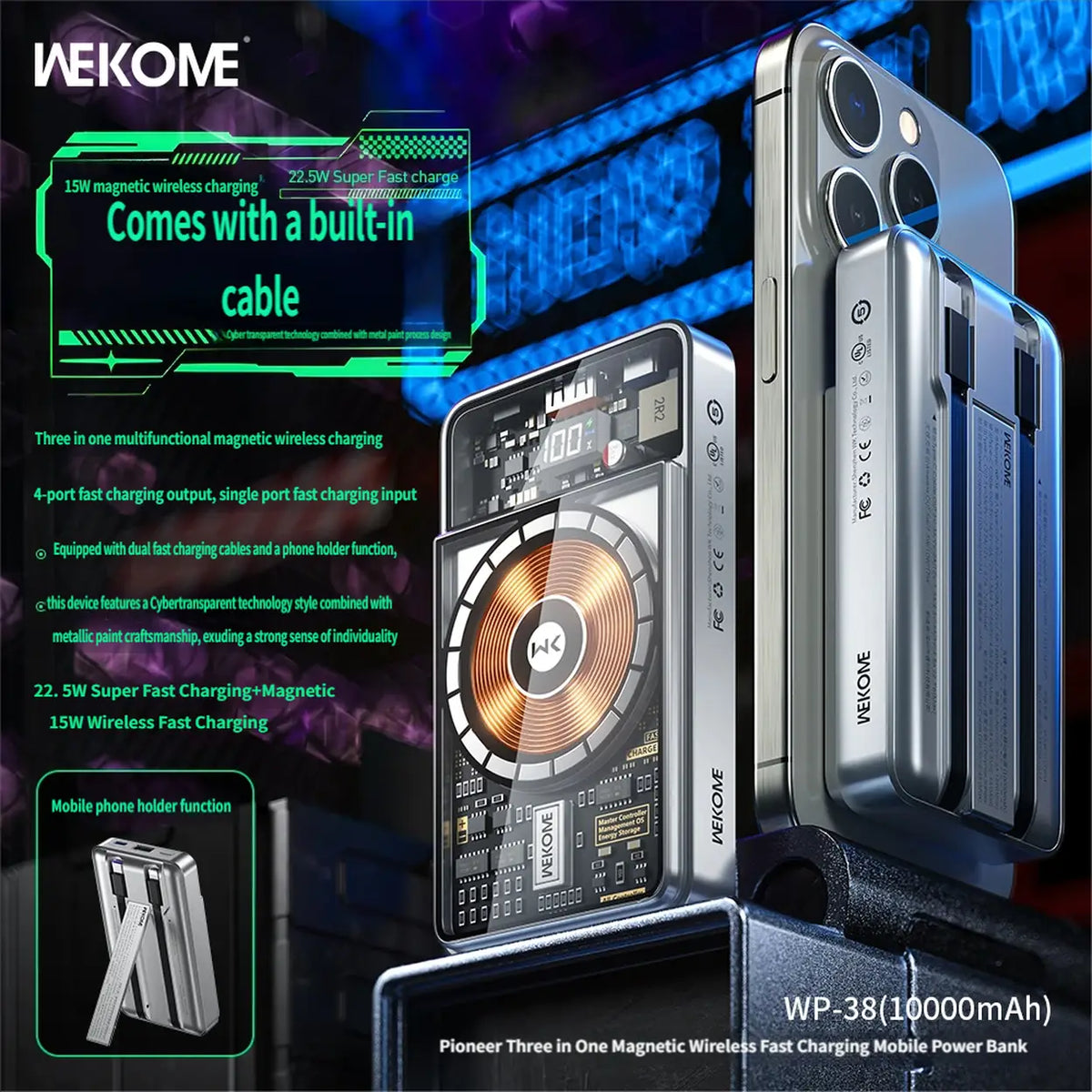 WEKOME Pioneer 10.000 mAh magnetische 3-in-1-Powerbank WP-38, geeignet für Apple-, Huawei-, Samsung- und Xiaomi-Smartphones