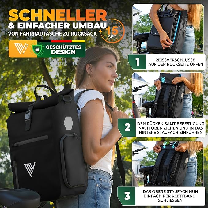 MIVELO 3-in-1-Rucksack & Umhängetasche - Wasserdicht - 25 Liter - Schwarz