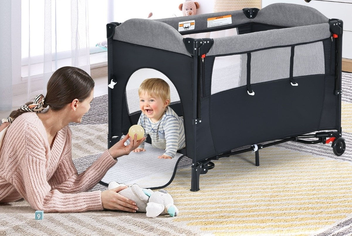Coast Babybett - 5-in-1 Design - in 4 Höhen - Mobil - 76 x 109 x 83 cm - Schwarz