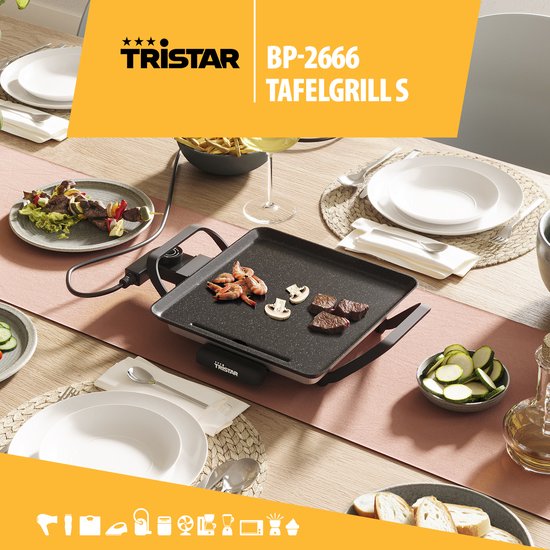 Tristar Backplatte – BP-2666 – Gourmet, Grillplatte S 28 x 28 cm – für 2 Personen – 800 W – einstellbarer Thermostat – für den Campinggebrauch geeignet