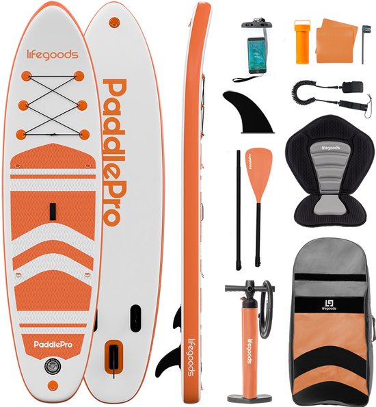 LifeGoods PaddlePro SUP Board - mit Sitz - Aufblasbares Paddle Board - Komplettset - Max. 135KG - 320x81cm - Weiß/Orange