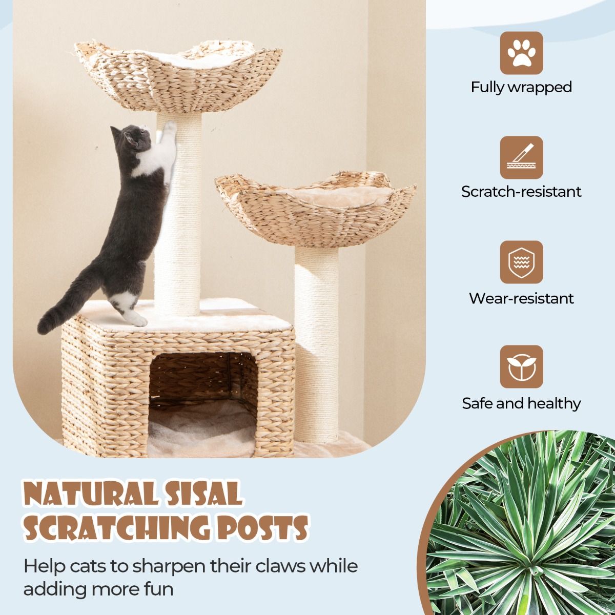 Coast Kratzbaum für Katzen – 4 Ebenen – Sisal-Kratzbäume – waschbare Kissen – beige 122 cm