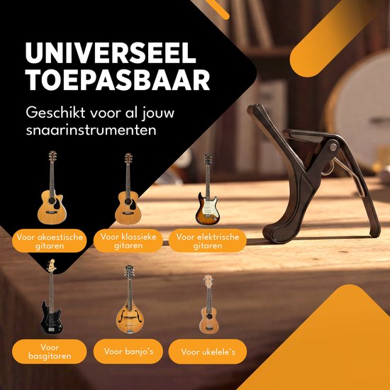 Finesse Universal-Kapodaster mit Plektren – Gitarre – Akustikgitarre – E-Gitarre – Ukulele – Schwarz