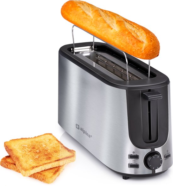 alpina Toaster mit Toasterklemmen und Langschlitz - Toaster 2 Stück Brot mit 7 Bräunungsstufen und Auftaufunktion - Toaster Toaster mit herausnehmbarer Krümelschublade - Silber