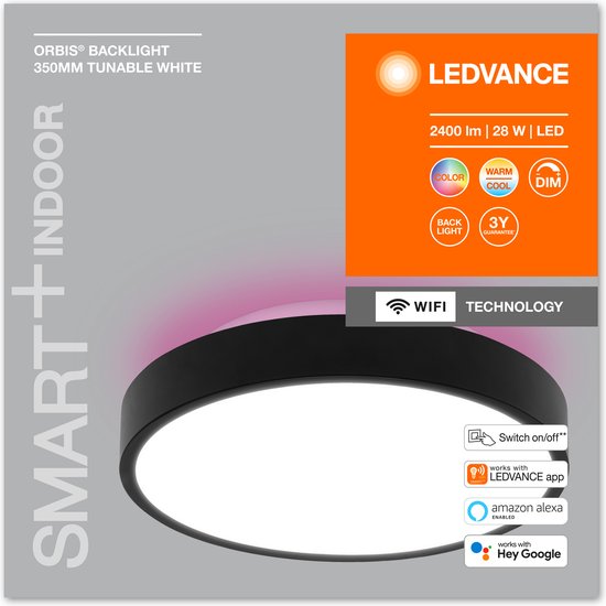 LEDVANCE Leuchte: für Decke, DEKORATIVE DECKENHINTERGRUNDLEUCHTE MIT WIFI TECHNOLOGIE / 28 W, 22-...24- V, Abstrahlwinkel: 11-, RGBTW, 3-65- K, Gehäusematerial: Metall, IP2-