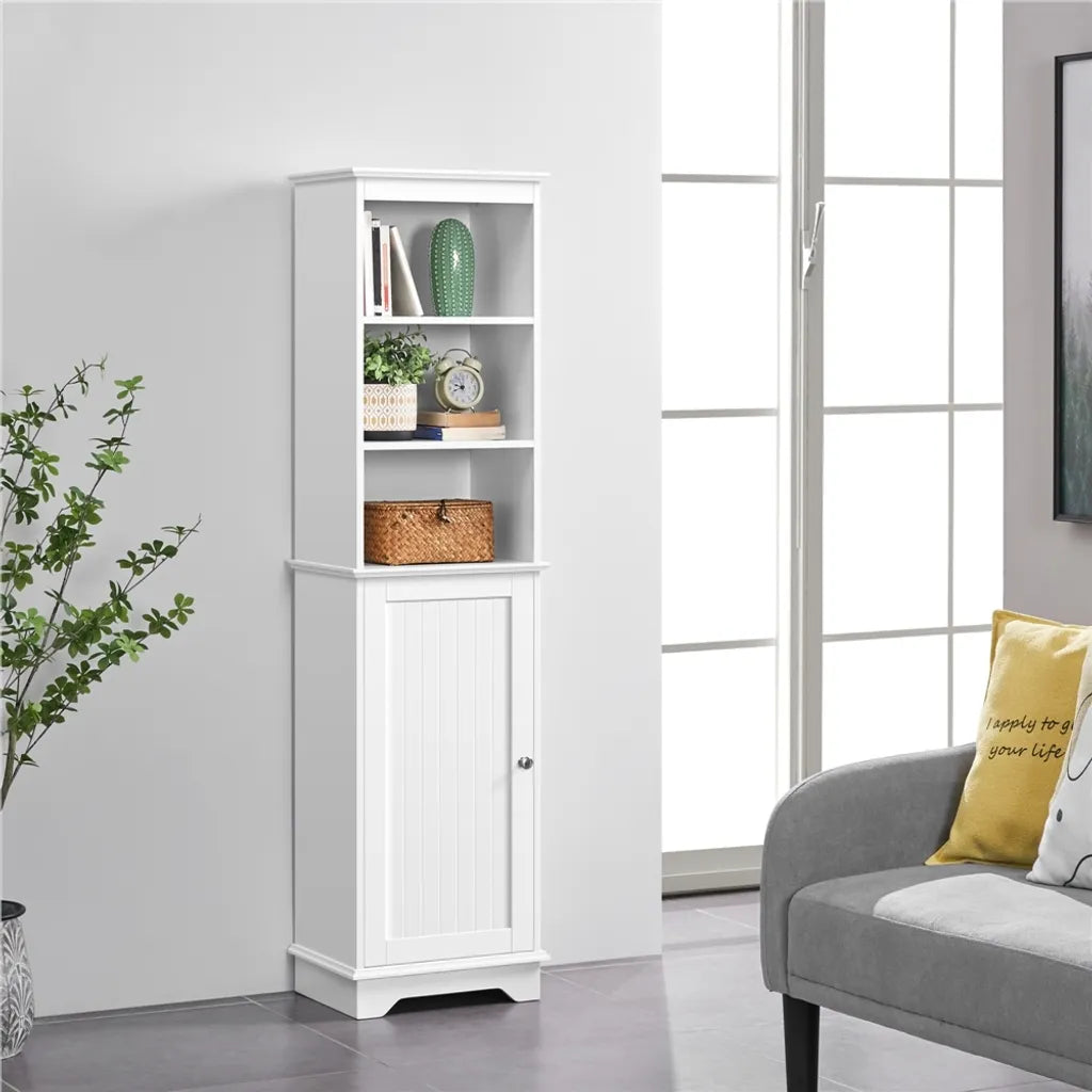 Yaheetech Badezimmerschrank 40 x 30 x 153 cm – Weiß – Hoher Aufbewahrungsschrank mit 3 offenen Regalböden und verstellbarem Einlegeboden
