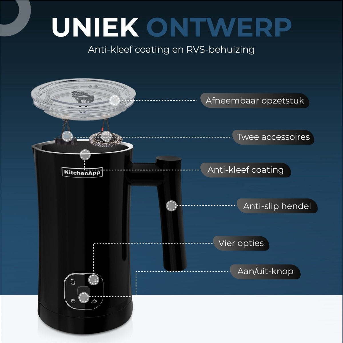 KitchenApp Milchaufschäumer elektrisch - 350 ml - Schwarz