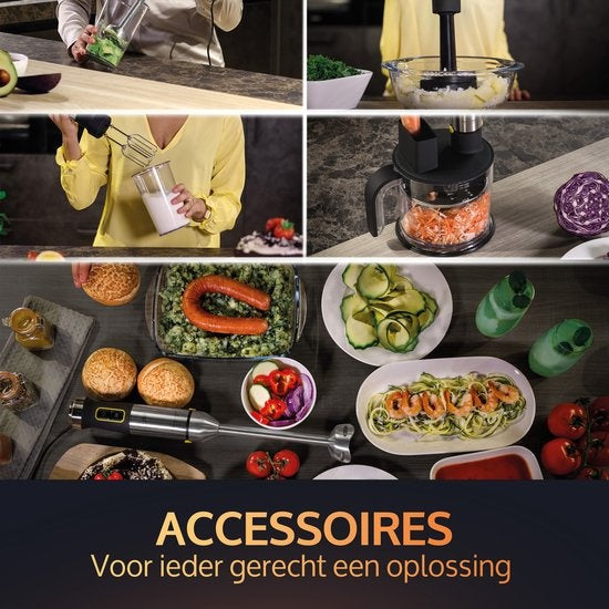 JAP Appliances ForceBlend F3 - 7in1 Stabmixer-Set (1500W) - Inklusive Küchenmaschine, Messbecher, Spiralschneider, Schneebesen und Rührbesen - Für Suppe, Fleisch, Smoothies und Baby-Snacks - Schwarz/RVS