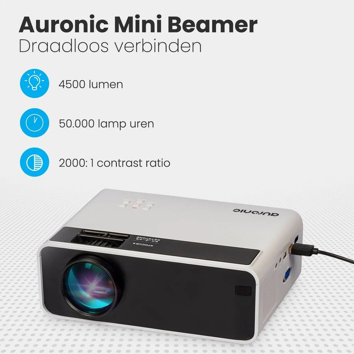 Auronic Mini Beamer - 4500 Lumen - WiFi - 200-Zoll-Projektor - HD ready - HDMI-Kabel, Fernbedienung und Tragetasche - Weiß