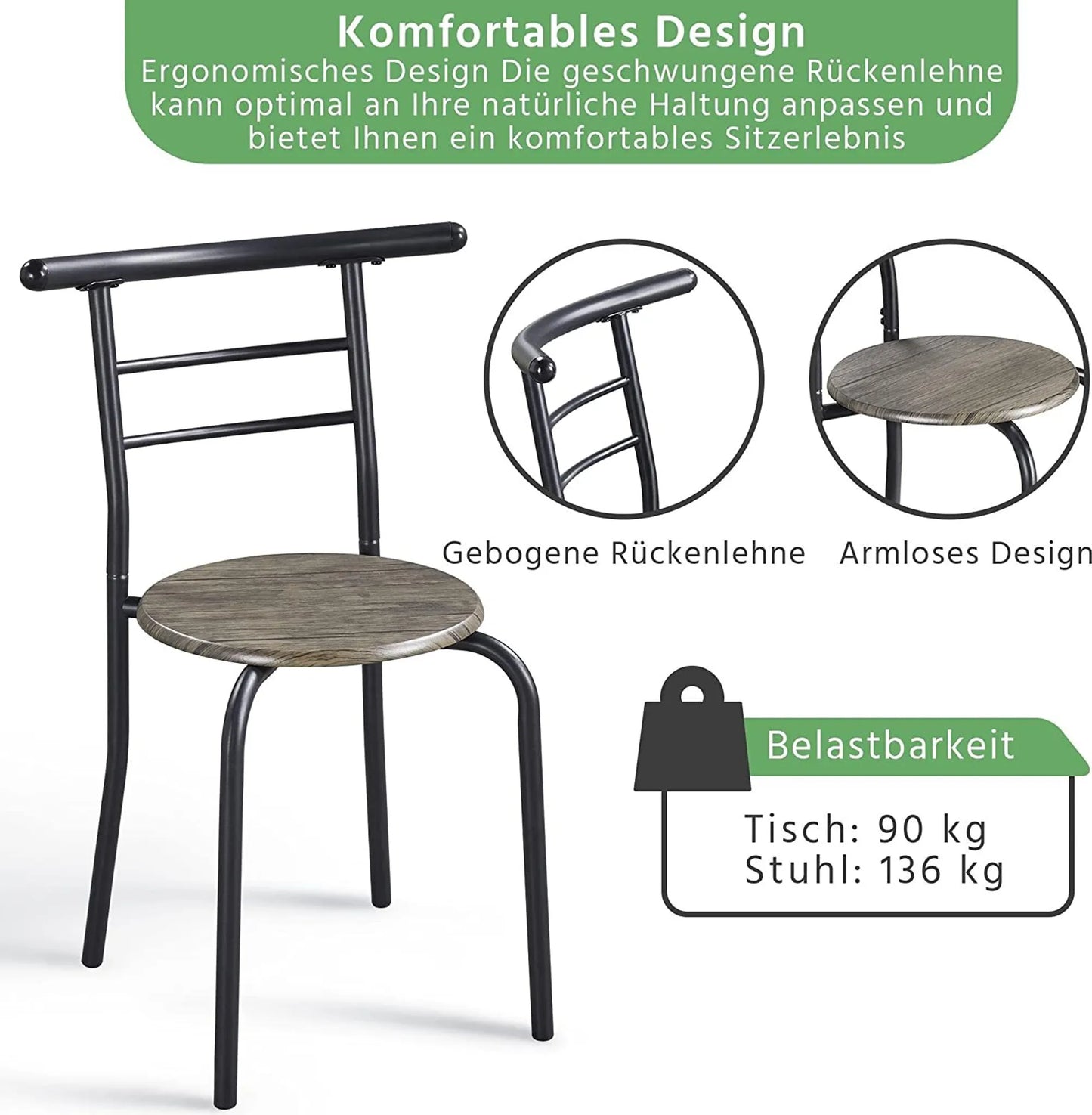 Yaheetech Dining Set von 3 - Features Tisch mit 2 Stühlen und verstellbare Lagerung Regal und wasserabweisende Beschichtung - für Küche und Esszimmer - Driftwood Brown Metall und MDF - 80 x 53 x 73,5 cm