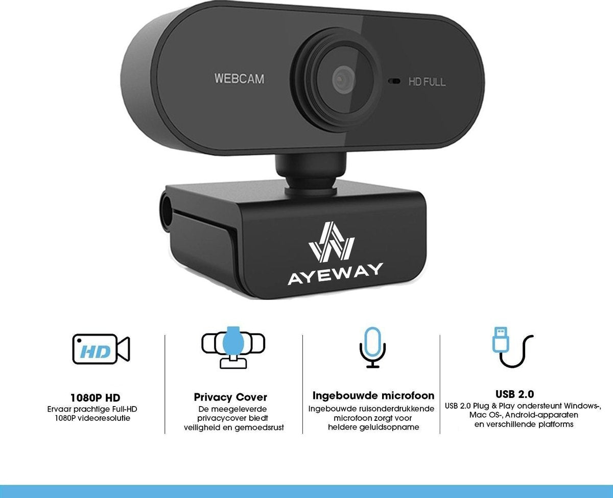 AyeWay Full HD Webcam - Inkl. Sichtschutz - Webcam für PC - Arbeit & Zuhause - Windows & Mac