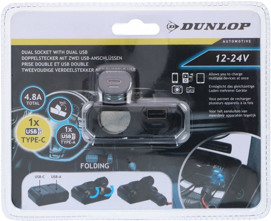 Dunlop Zigarettenanzünder-Steckersplitter - USB-A und USB-C - 12V/24V - 4.8 A - 2 Geräte gleichzeitig
