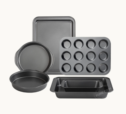 PURE COOK 8-teiliges Backset – Grau – Antihaft-Kohlenstoffstahl – Kuchenformen, Brotform, Muffinform, Backblech