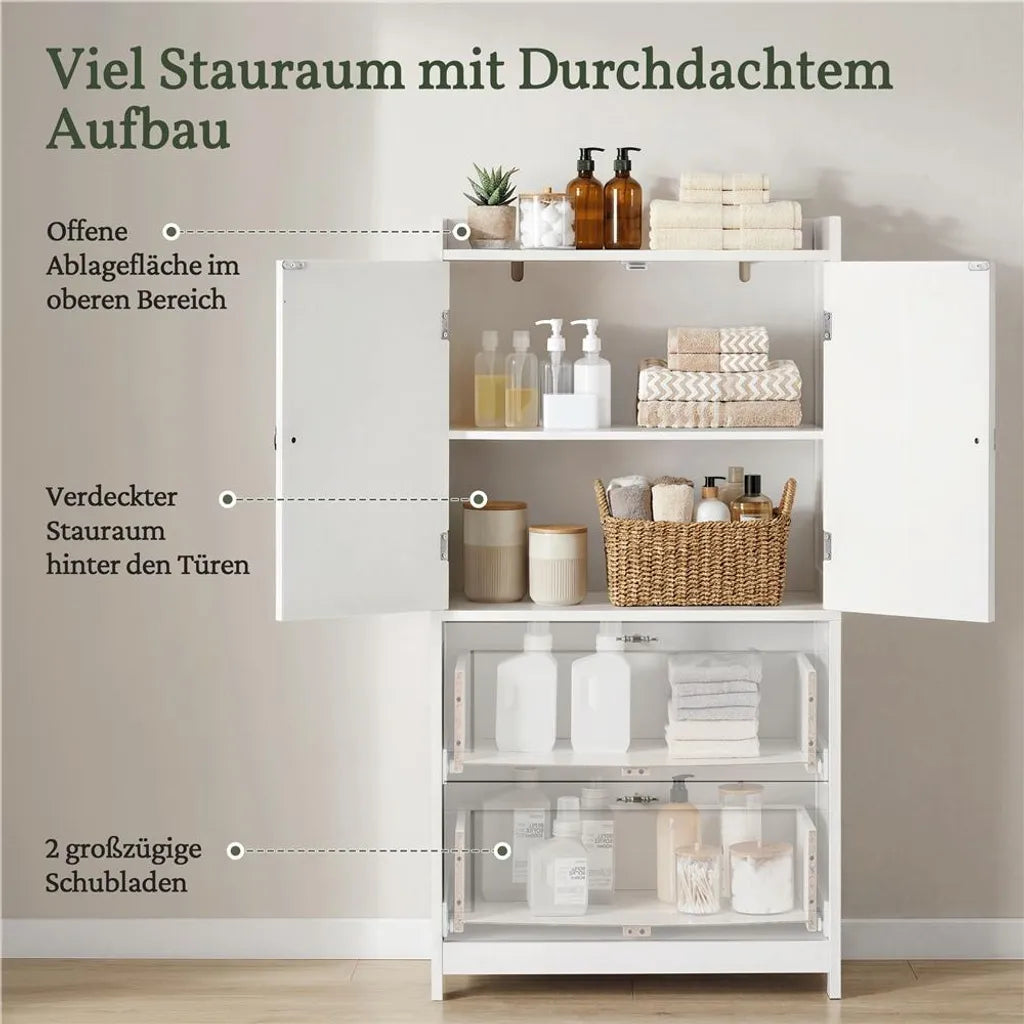 Yaheetech Badezimmerschrank mit 2 Türen und 2 Schubladen, 60 x 30 x 115 cm, Weiß