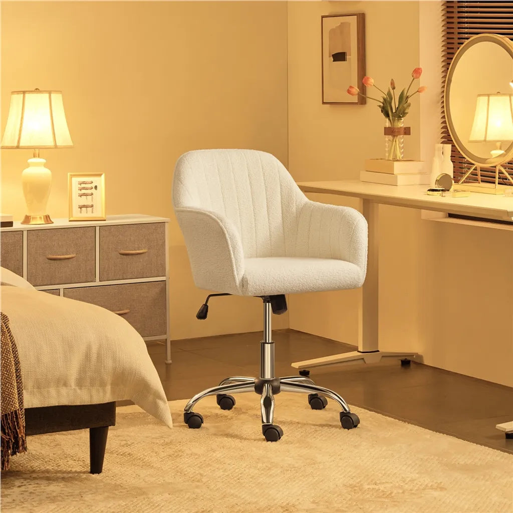 Yaheetech Verstellbarer Bürostuhl 60 x 61 x 83–92,5 cm – Elfenbein – Bürostuhl aus Bouclé mit Rollen und Armlehnen