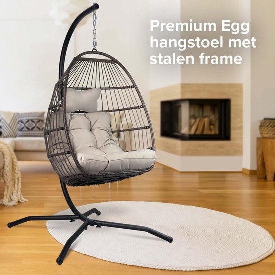 Vita5 Egg Hanging Chair - mit Ständer - für drinnen und draußen - Cocoon Chair - faltbar - bis zu 150kg - inkl. Kissen & Bezug - Hellgrau