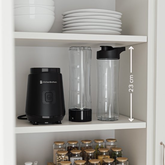 KitchenBrothers Mini Mixer - Mixer zum Mitnehmen - Smoothie Maker - 2 To-Go Becher 600 ml - Schwarz