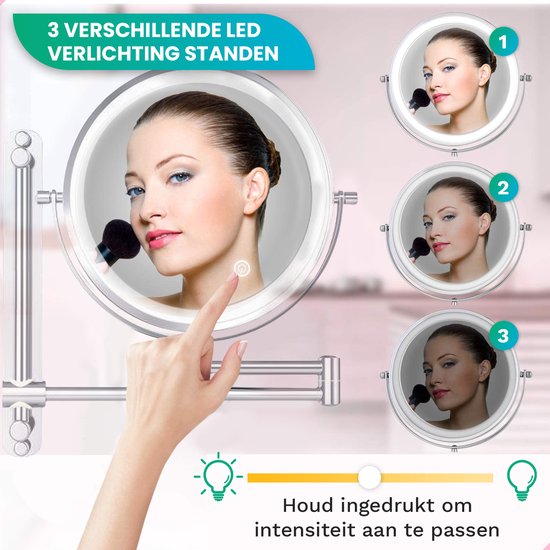 Mirlux Make-up-Spiegel mit Led-Beleuchtung - Wiederaufladbar - 7-fache Vergrößerung - Vergrößerungsspiegel mit Licht - Rasierspiegel - Badezimmerspiegel - Chrom