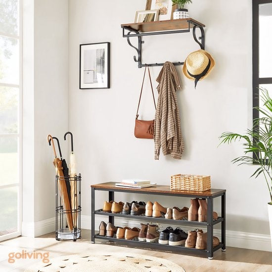 Goliving Schuhablage - Schuhbank - Flurbank - Industrial - 30 x 80 x 45 cm - Metall - Braunes Holz