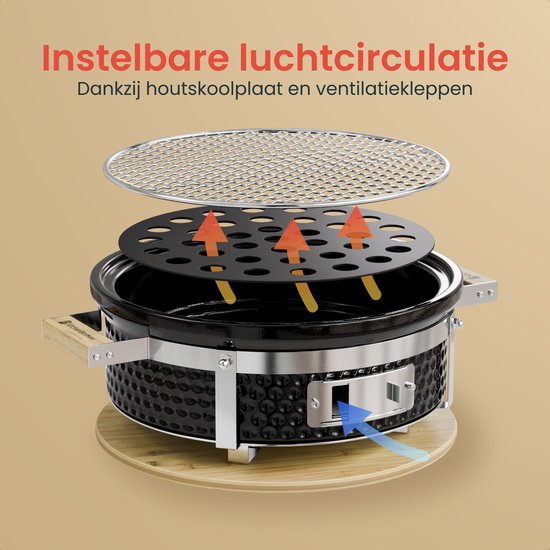 KitchenBrothers Kamado Hibachi Grill - PFAS frei - Holzkohlegrill - Shichirin Tischgrill - Rund BBQ - Keramikgrill - Schwarz