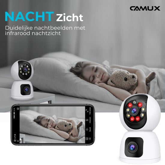 Camux - DualVision Sicherheitskamera Indoor - 2MP Full HD Kamera mit Nachtsicht - Babyphone - Haustierkamera mit App - Hundekamera - Petcam