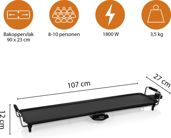 Tristar Grillplatte BP-2984 – Gourmet-Grillplatte XL – Grillplatte 90 cm – Für 8 bis 10 Personen – Mit einstellbarem Thermostat – Antihaftbeschichtung – Extra langes Kabel – Schwarz