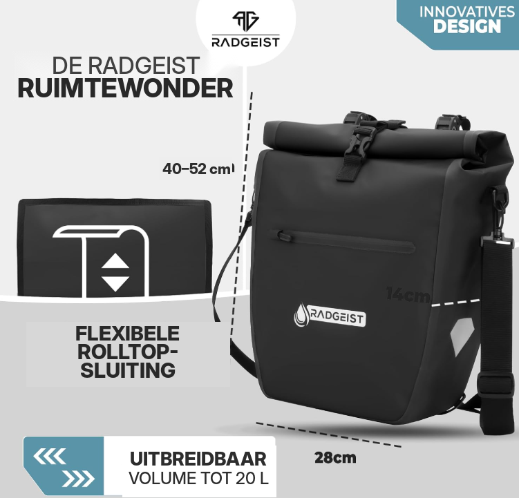 Radgeist 2-in-1-Fahrradtasche und Umhängetasche – 20 Liter – Isoliert – Schwarz