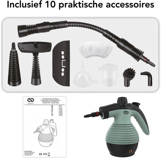 Infinity Goods Dampfreiniger – 12-in-1-Handdampfreiniger – Handdampfreiniger – Fleckenentferner – Teppichreiniger – 10 Aufsätze – 1050 Watt – 3,2 bar – Grün