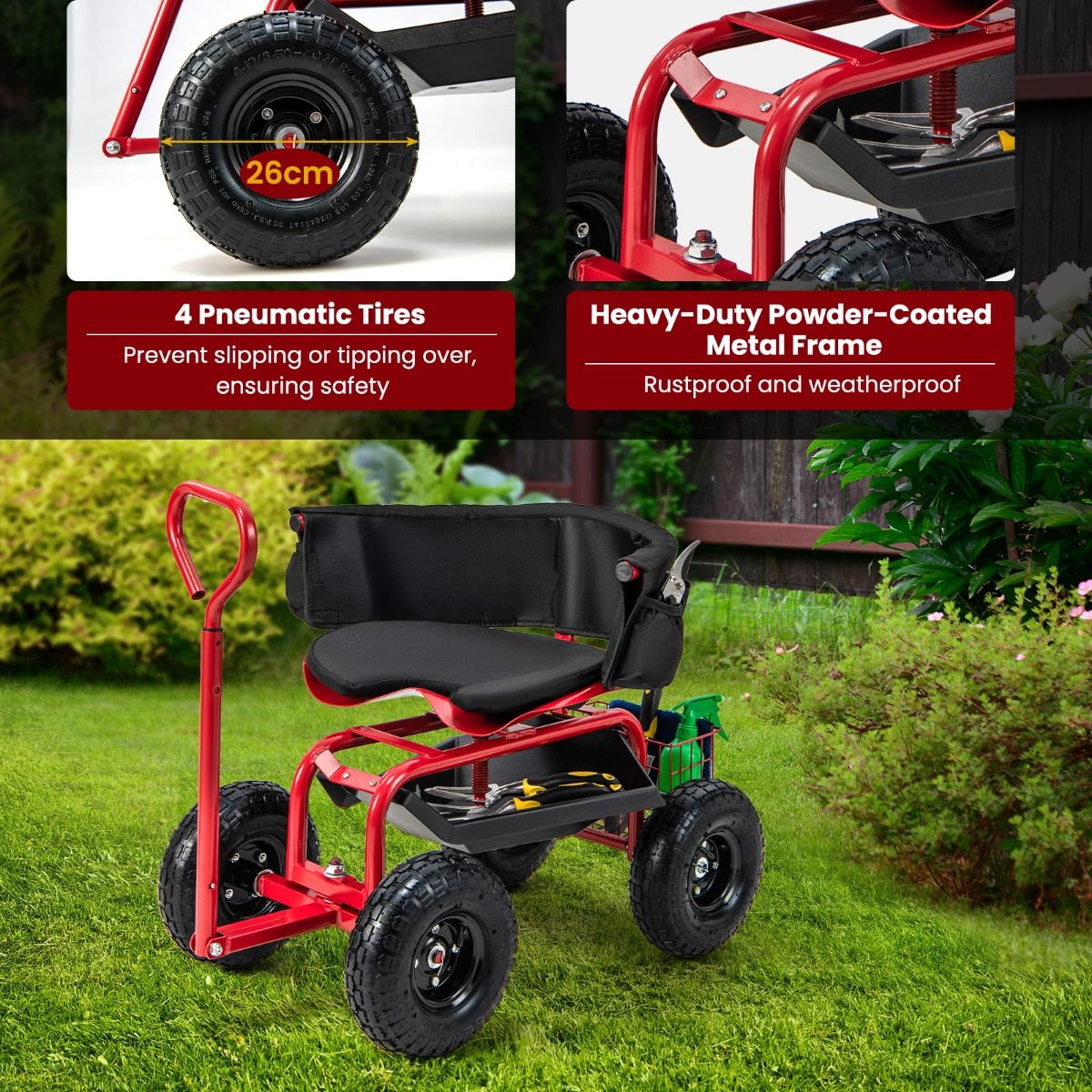 Coast Gartenwagen mit Rollsitz – ausziehbarer Griff – Stauraum – rot