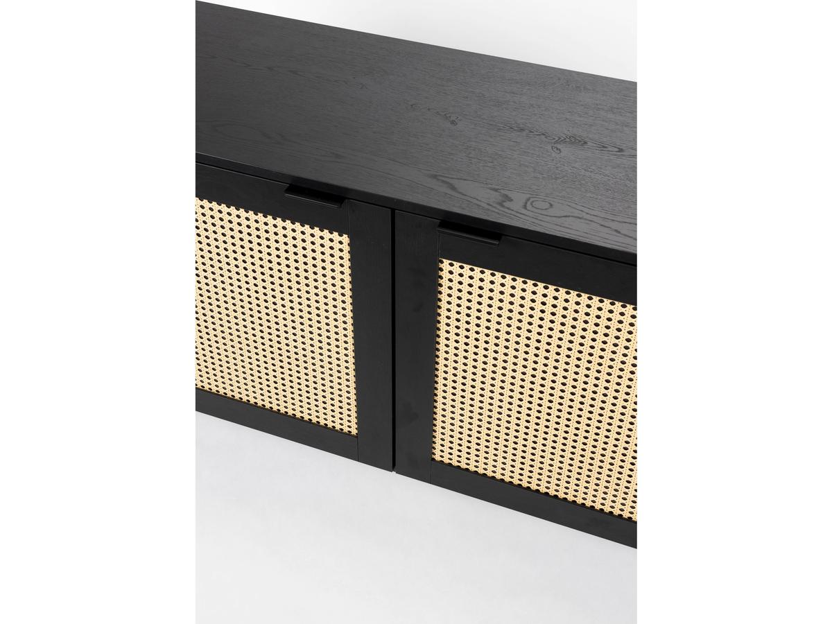 von fonQ TV-Möbel „Cube“ – 150 x 40 x 50 cm – Schwarzer Holzschrank mit Rattan-Geflecht-Details und Metallgestell – Bohemian-Stil