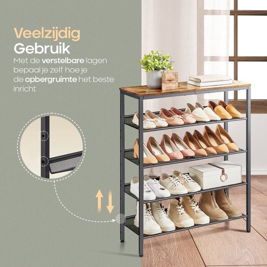 O'DADDY® Schuhregal - 5 Schichten - Schuhaufbewahrungssystem - Schuhregal - Schuhschrank - Schuhschrank - Industriedesign - Braunes Holz - Schwarzes Metall