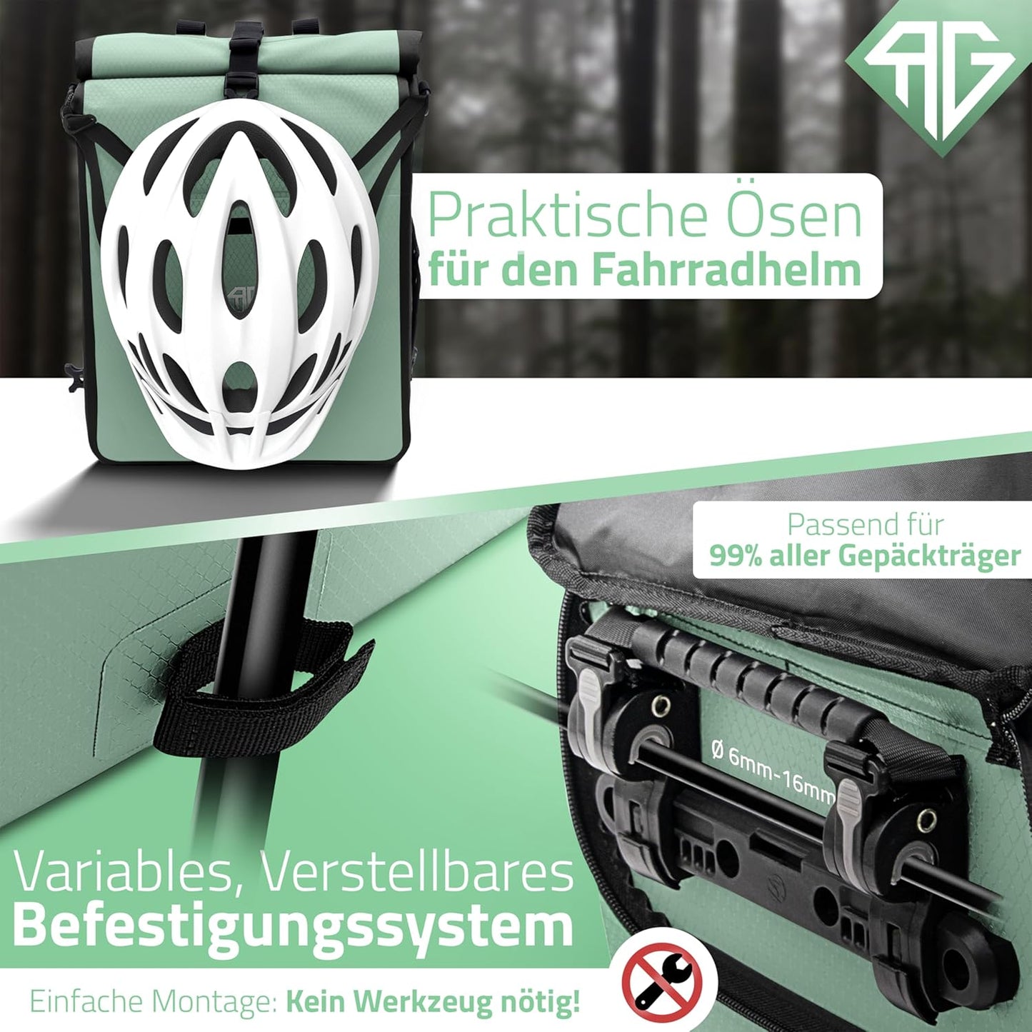 RADGEIST 3in1 Fahrradtasche - Fahrradrucksack - Tragetasche - Umhängetasche - mit Laptopfach - wasserdicht - 25L - Mint
