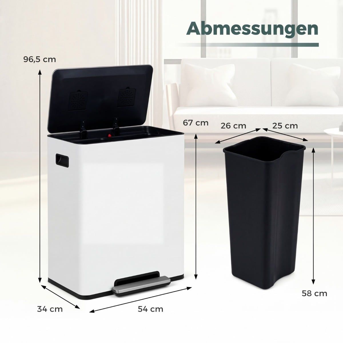 Coast Mülleimer mit Pedal – 2 Fächer – Soft-Close-Deckel – 60 Liter – weiß