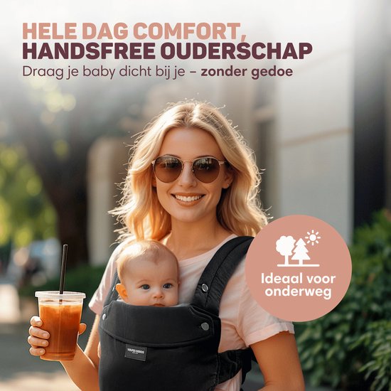 Vulpes Goods® BabyCare - Babytrage - Ergonomische Babytrage 0-36 Monate - Luxus-Bauchtrage bis zu 20 kg - OEKO-TEX® Baumwolle - Freihändiger Komfort - Mit Rückenstütze & M-Position - Schwarz