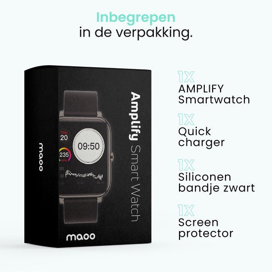MAOO AMPLIFY Smartwatch - Inkl. Bildschirmschutz - Herzfrequenz, Blutdruck, Blutsättigung, Schlaf, Entfernung - Schrittzähler - Smartwatch Männer - Smartwatch Frauen - Uhr - Weihnachtsgeschenk - Schwarz