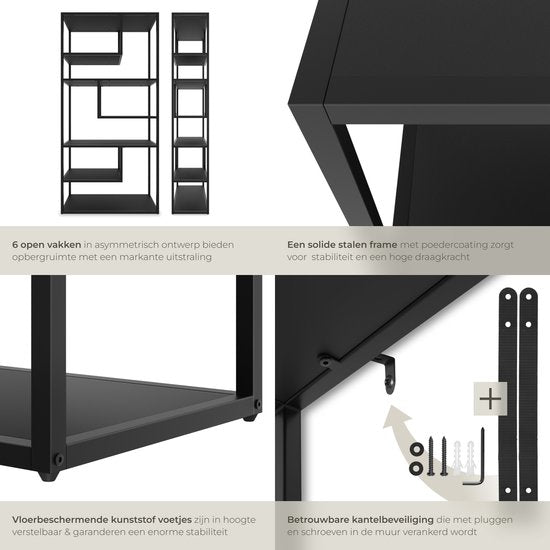 tectake® Wandschrank Venda - 85 x 35 x 188 cm - Industrie-Look - Stahlrahmen - Schrank mit Kippschutz - Bücherregal mit 6 asymmetrischen Fächern - moderner Aufbewahrungsschrank für Wohnzimmer, Küche oder Schlafzimmer
