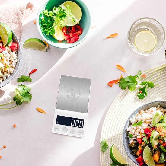 Kitchenwell digitale Mini-Präzisionsküchenwaage weiß - 0,01 bis 200 Gramm - 14,2 x 7,5 cm - batteriebetriebene Taschenwaage - Küchenwaage