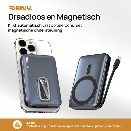 Powerbank 10.000 mAh, kompatibel mit MagSafe, mit USB-C-Kabel – 3-in-1-Design – 22,5 W kabellose Powerbank – inklusive 60-W-Ladekabel – Schnellladefunktion – USB & USB-C – Schwarz –
