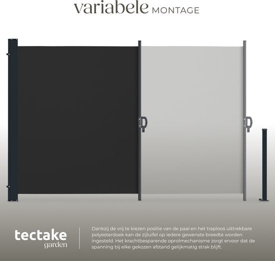 tectake® Ausziehbarer Windschutz mit Aufrollmechanismus – 300 x 200 cm – Seitenmarkise mit Aluminiumrahmen – Sonnenschutz – Gartenschutz – Schwarzer Balkon-Sonnenschutz – Undurchsichtiger Sichtschutz – Markisentuch
