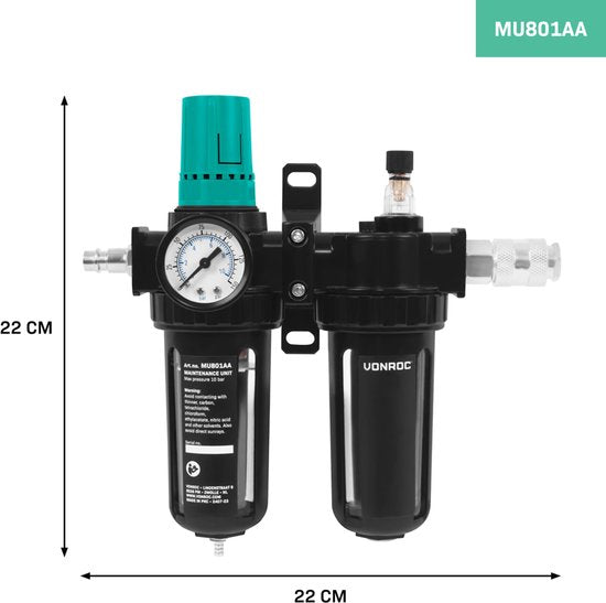 VONROC Luftpflegegerät - Druckluftentfeuchter, Druckregler und Ölzerstäuber - Pflege und Wartung von Druckluftwerkzeugen - 100-300 l/min - 0-10 bar - Universal EU-RO/DIN 7,2mm Kupplung