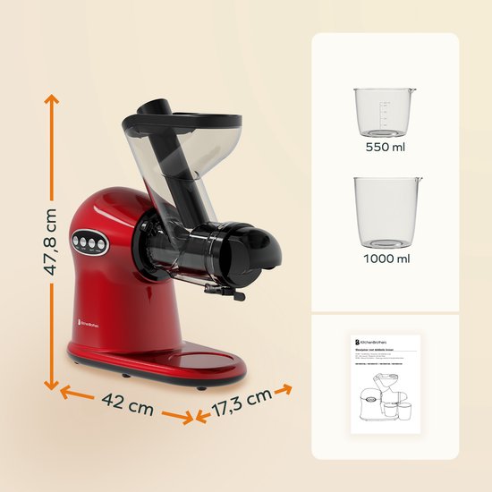 KitchenBrothers Slowjuicer XL - Entsafter - Gemüse- und Obstpresse - 43 mm und 70 mm Einfüllöffnung - 500 ml - Rot