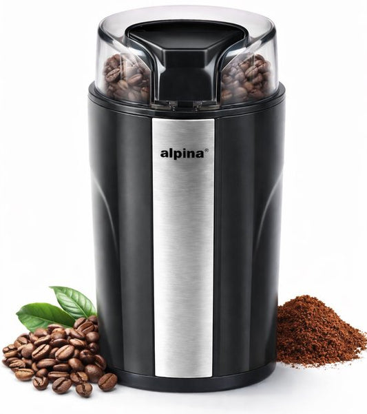 alpina Elektrische Kaffeemühle 200 W – Kaffeemühle für 70 g Kaffeebohnen – Kaffeemühle mit Edelstahlmessern – Mühle mit Sicherheitsverriegelung – Schwarz