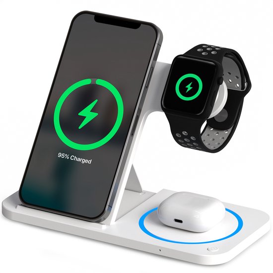 Strex 3-in-1 Wireless Charger - Ladestation - 15W Schnellladegerät - faltbar - geeignet für iOS & Android, Apple Watch, AirPods und Wireless Earphones - Weiß