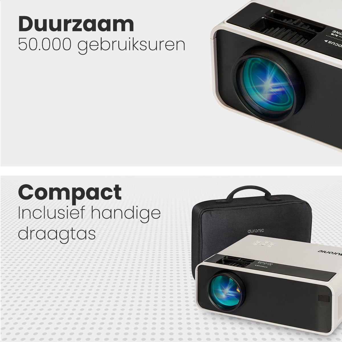 Auronic Mini Beamer - 4500 Lumen - WiFi - 200" Projektion - Full HD - HDMI, Fernbedienung und Tragetasche - Weiß