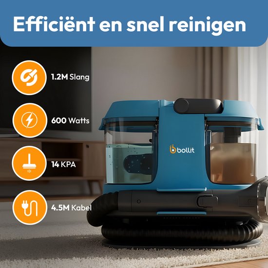 BOLLIT 4-in-1 600 W Kompakter Teppichreiniger – Fleckenentferner & Polsterreiniger – Für Sofas, Autos und Matratzen – Nasssauger – Möbelreiniger – Reinigungsgerät – Sitzreiniger – Matratzenreiniger – Textilreiniger
