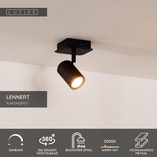 Lucide LENNERT – Deckenstrahler (Deckenleuchte) für das Badezimmer – LED, dimmbar – GU10 – 1×5 W, 3000 K – IP44 – Schwarz