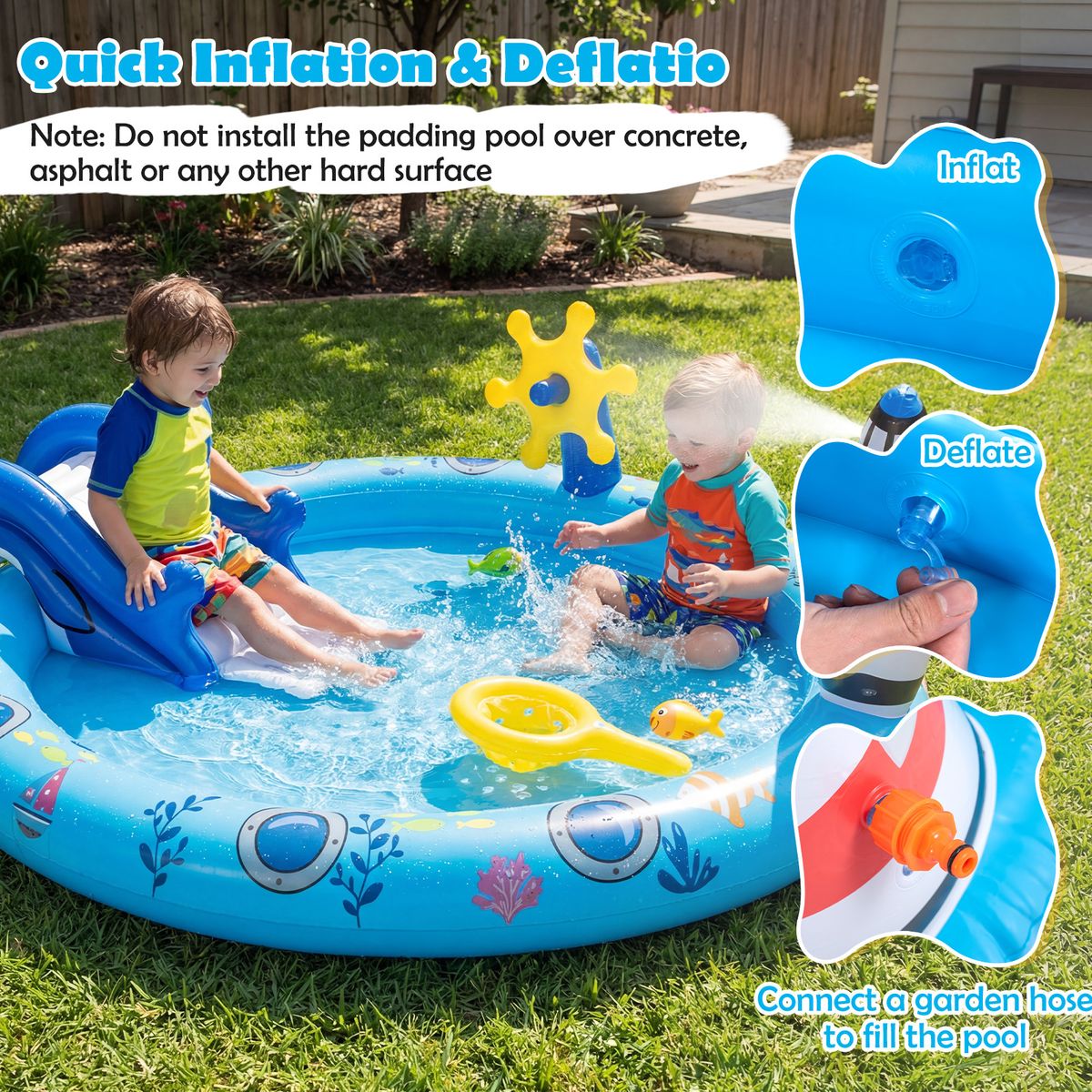 Coast Aufblasbares Kinderplanschbecken – Wasserspielzentrum im Meeres-Design – Haifisch-Rutsche und Sprühdüse – Mehrfarbig 188 x 153 x 63 cm